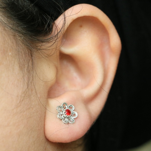 925 Sterling Silver red jade stone Earrings - Picture 2 of 7